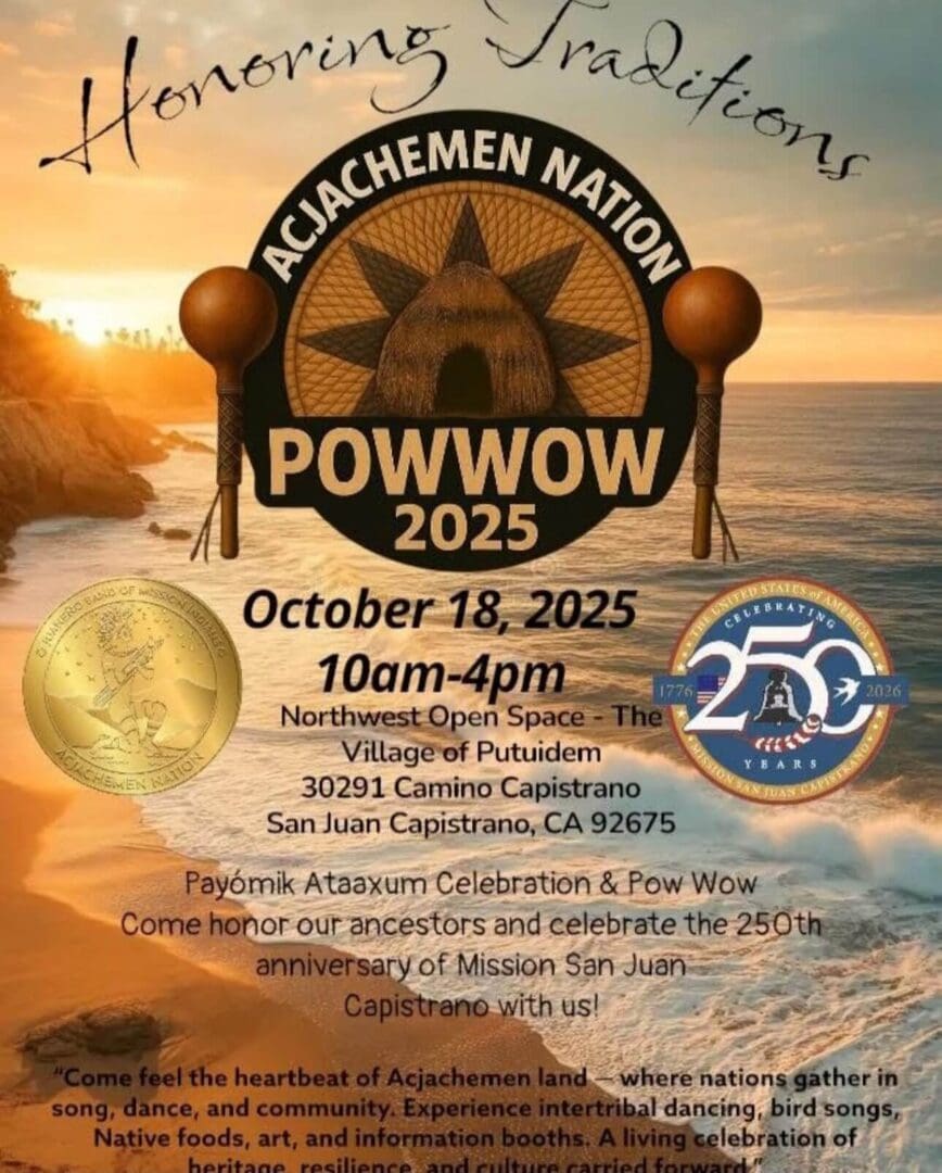 Powwow 2025 poster for Kachachemen Nation event with cultural imagery.