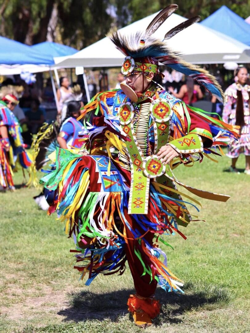 A dancer in colorful traditional Native American regalia performing at a cultural event.