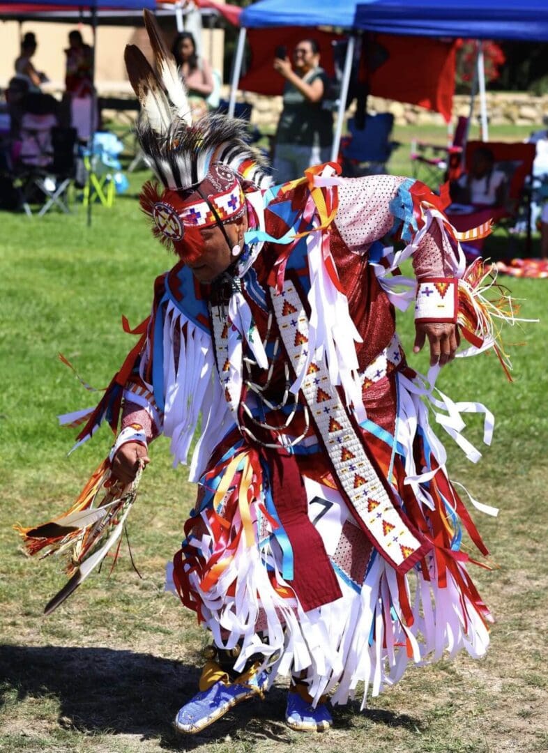 Native American dancer in colorful traditional regalia performing outdoors.