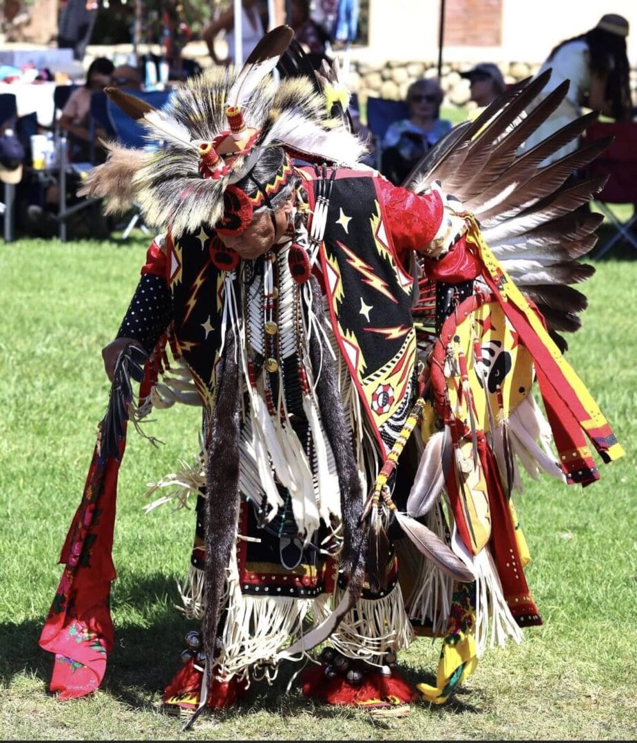 A Native American dancer in traditional regalia at a cultural event.