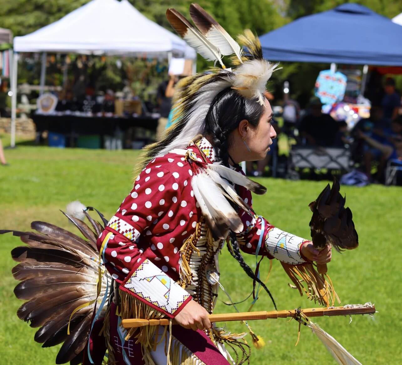 A Native American dancer in traditional regalia performs outdoors.