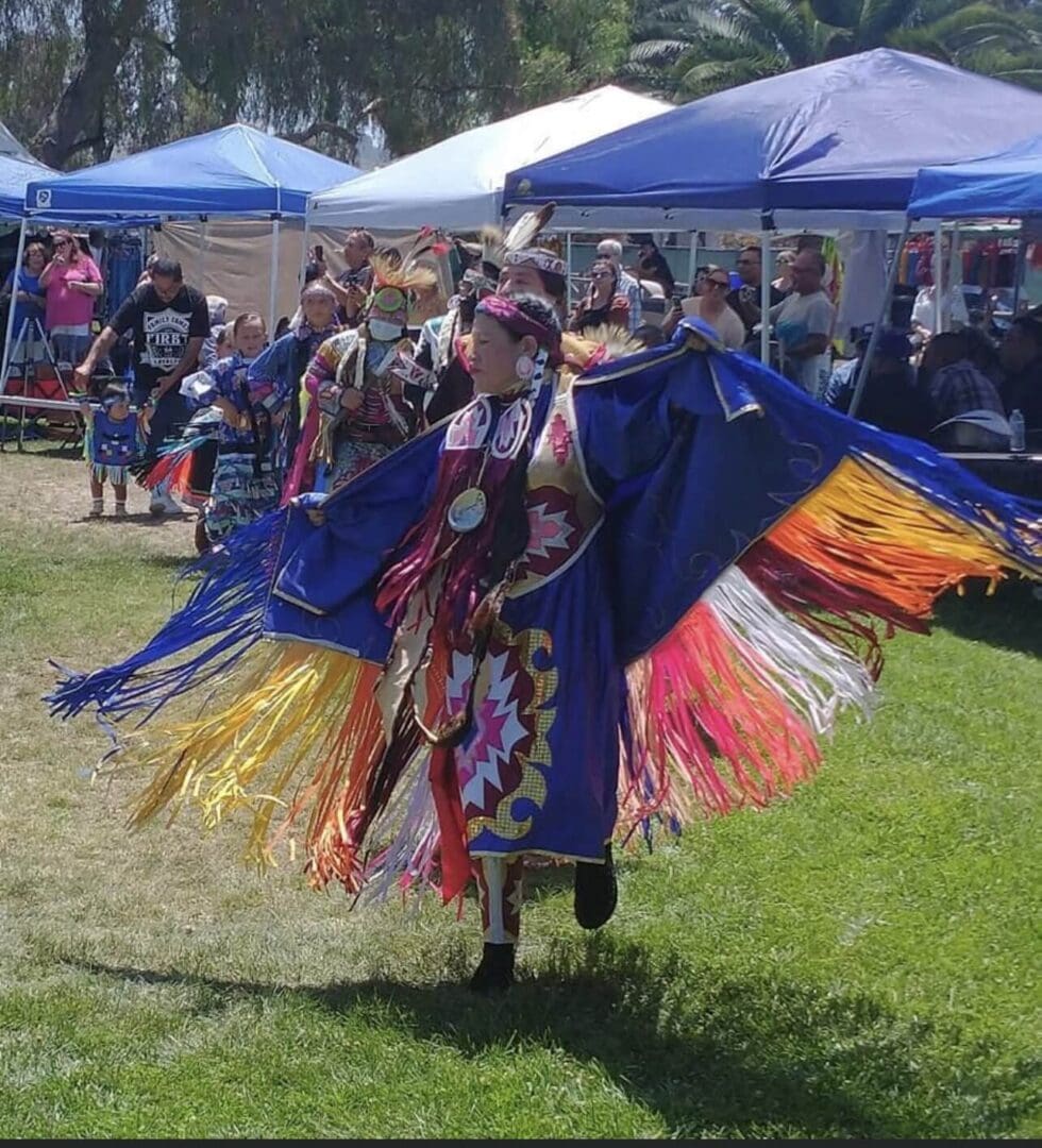 A dancer in vibrant traditional regalia performs outdoors at a cultural event.