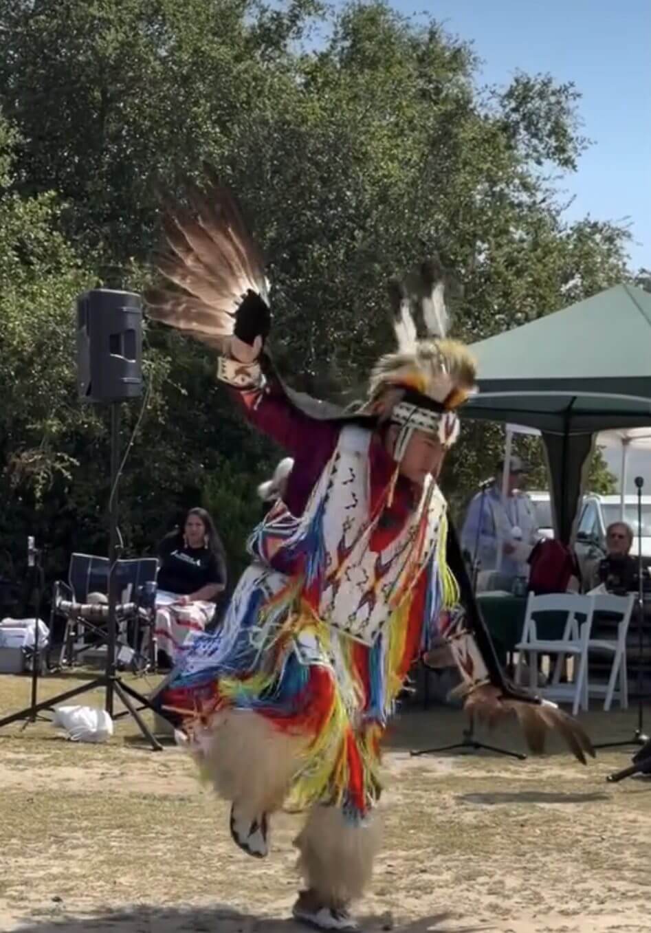 Person performing traditional dance in colorful attire.
